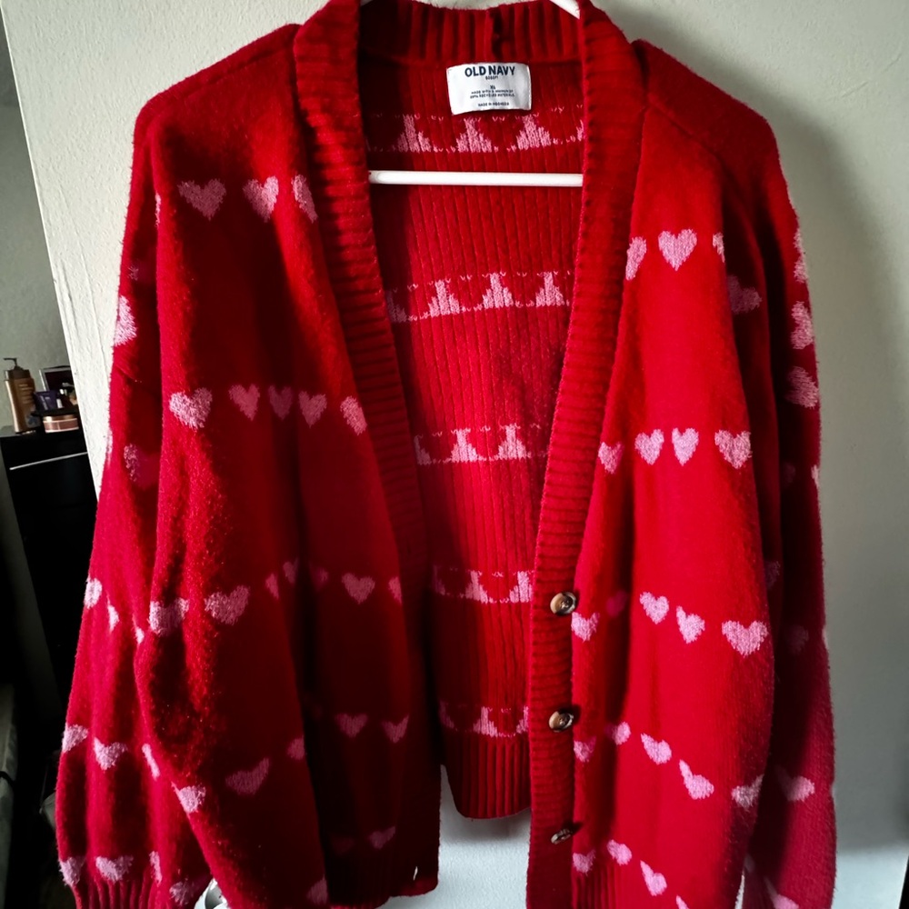 Old Navy Red Heart-Print Cardigan Sweater